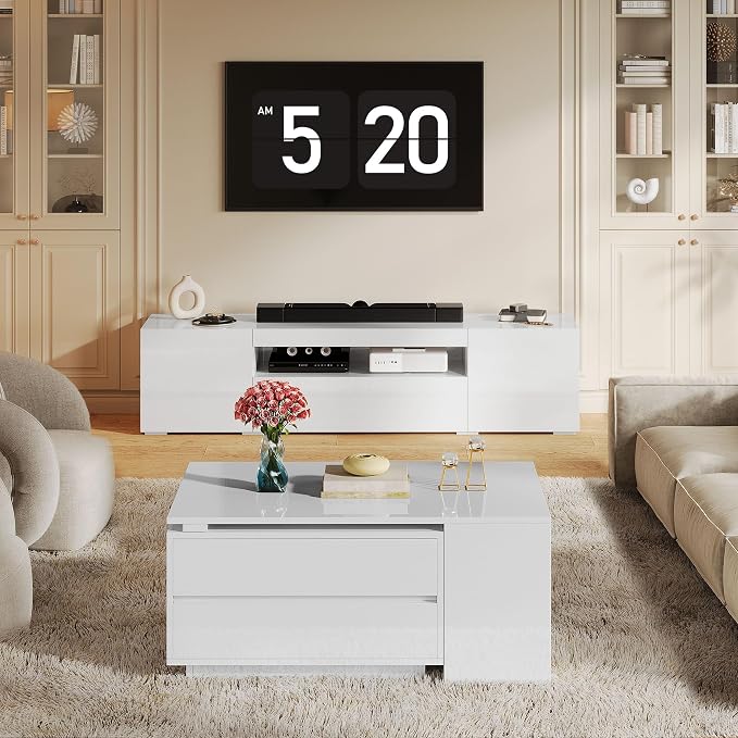 YITAHOME 35"-61" Extendable LED Coffee Table with 4 Drawers, White | Center Table with 4 Storage Drawers, Open Shelves, Sliding Extendable Top, LED Lighting, for Living Room Home Office