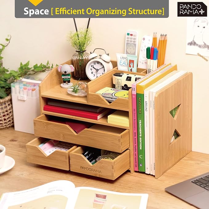 Pandorama Bamboo Desk Organizer Large - A4 Drawers & Adjustable File Holder, Fully Assembled Wood Desktop Storage for Kitchen, Bedroom, Bathroom, Study Room