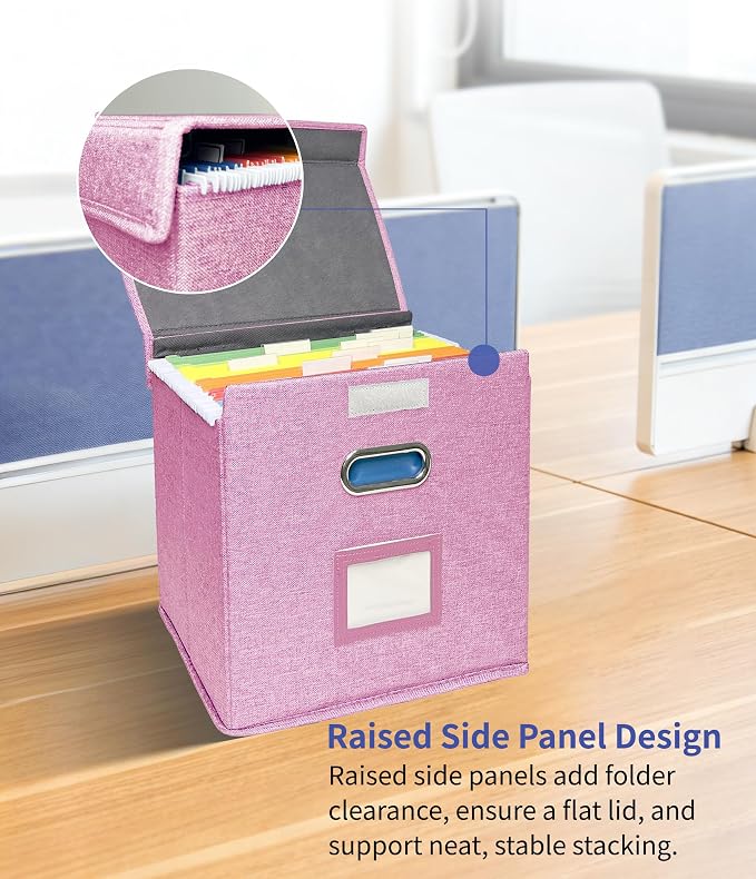 2 Pack Hanging File Folder Box with Lid, Durable Letter Size Filing Storage Box, Sturdy File Holder with Cardboard Support PVC Rails for Office Home Organizer, Pink