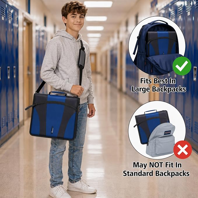 Case-it Dual Binder Backpack | 2-Pack 2-Inch D-Rings | Dual-301 Black | Universal, 3 Straps, Removable File, Hold Down Pages, Bookbag Straps, Padded 13" Laptop & Front Flap Pockets, School & Office