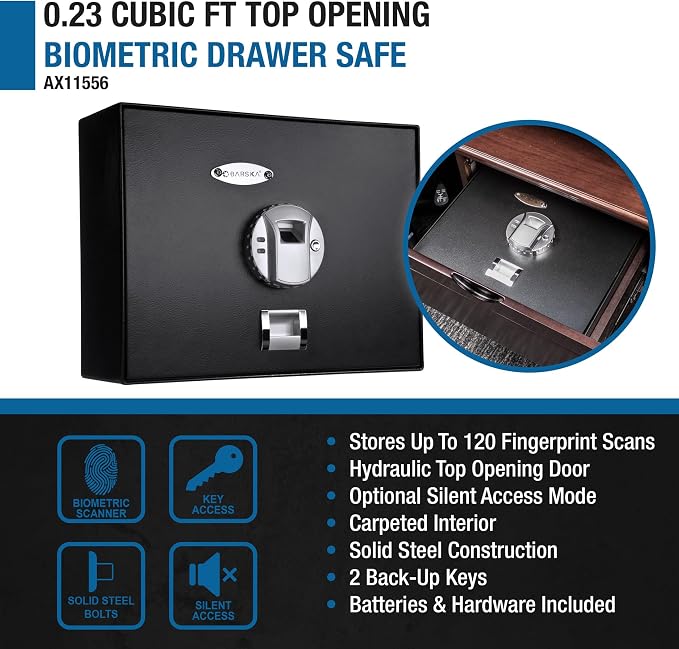 Barska AX11556 Biometric Fingerprint Top Opening Security Drawer Safe Box 0.23 Cubic Ft, Multi, One Size | Biometric fingerprint lock with hydraulic door and steel bolts for firearms, jewelry and documents