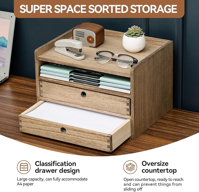 KIRIGEN Wooden Desk Organizer with 2 Drawers and Top Tray, Brown 3D2C-DBR | Three-Tier Desktop Storage Cabinet Stores Papers, Office Supplies, Cosmetics, Crafts, and Small Accessories for Home Office