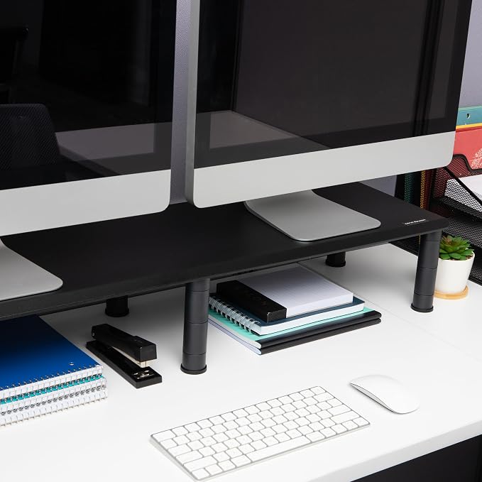 Mind Reader Dual Monitor Stand, Height Adjustable, Desktop Organizer, Laptop Riser, Office, 38.5"L x 11"W x 2.55-6.5"H, Black