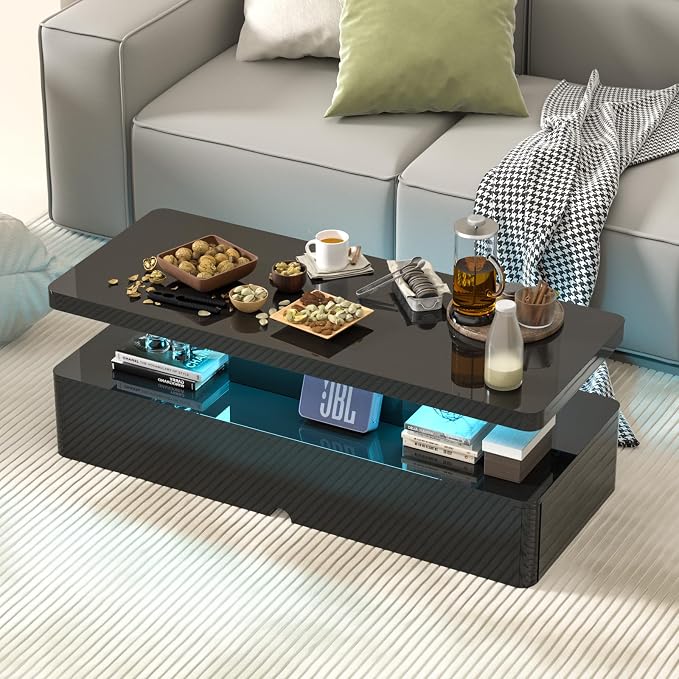 40" Modern LED Coffee Table, 2 Tier Rectangular Center Table with 16 Colors Lights & Large Storage Space, High Glossy Wooden Tea Table for Living Room, Bedroom, Home Office, Black
