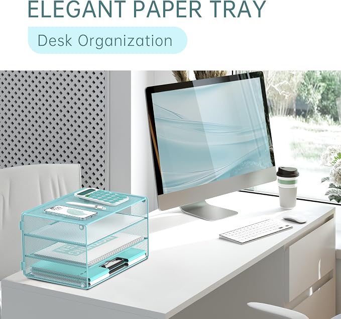 DALTACK 3 Tier Letter Tray Paper Organizer with Sliding Mesh Trays Blue | Metal Mesh File Organizer with Sliding Trays for Letter and A4 Paper, Mail, Bills, Folders and Office Documents
