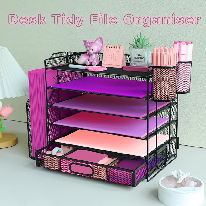 Desk Organizers and Accessories with File Holder, 6-Tier Paper Letter Tray Organiser with Drawer and 2 Pen Holder, Mesh Desktop Document Organizer for Office Supplies, Workspace - Black