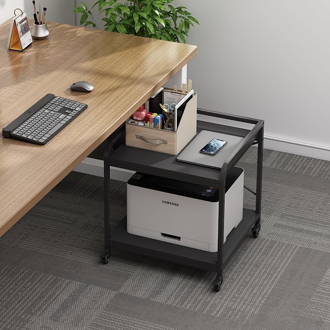Fannova 2 Tier Under Desk Printer Stand with Storage, 20 Inches Deep Large Printer Table with Height Adjustable Shelf, Rolling Printer Cart with Wheels for Home Office - Black | Large Table Top 20"x20" for 3D/Laser Printer, Heavy Duty Industrial Wheels...
