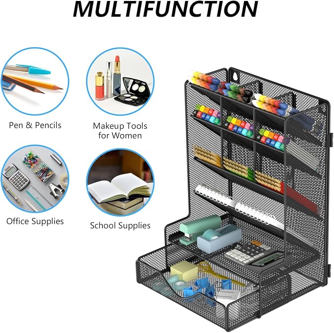 BOHDK Pen Organizer for Desk, Multi-Functional Desk Organizer, Wall Mount Pen Holder with Drawer for School, Office, Home, Art Supplies, Black