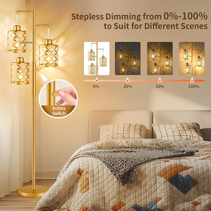 Dimmable Floor Lamp, Farmhouse Standing Lamp with Elegant Metal Cage, Industrial Tall Tree Floor Lamps for Living Room Bedroom Study Room Office, 3 x 800LM LED Bulbs Included - 68", Gold