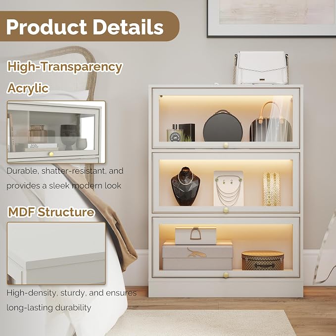 Display Cabinet with Acrylic Glass Doors,3-Tiers Curio Cabinet with LED Lighting for Collectibles, Collectibles Toy Organizers Rack & Display Shelf Display Case Storage Cabinet, White