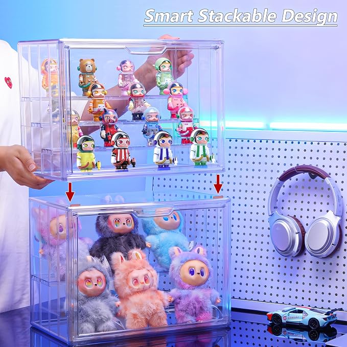 Acrylic Display Case for Figures, 4-Layer Stackable Storage Box | Display Cases for Collectibles, Tool Free Assembly, High Transparency Design, Magnetic Door, Adjustable Divider