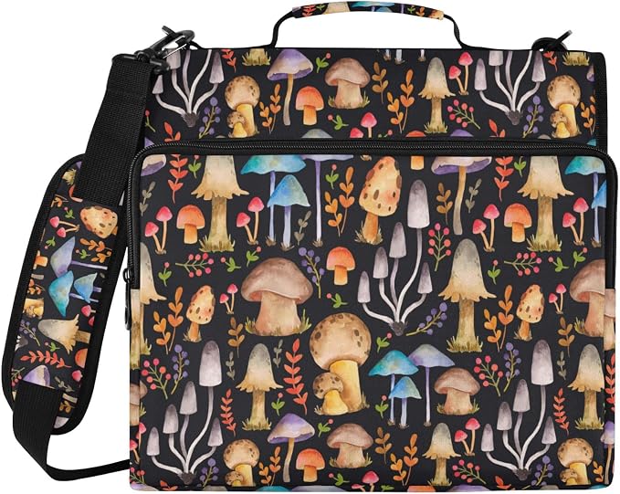 Mushrooms Print Zipper Binder File Organizer Bag 3 D-Ring | with Shoulder Strap, Holds 500 Sheets & 14in Laptop, 3 Ring Binder for Office Supplies