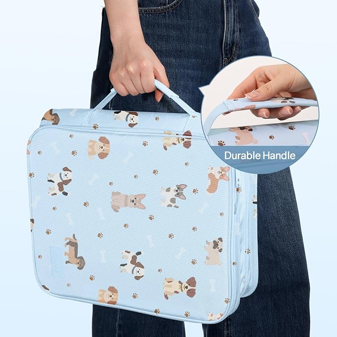 SUNEE Zippered Binder Bag with Handle, 2-Inch 3-Ring O-Ring, 500-Sheet Capacity, Includes Zip Pocket, 5-Tab Expanding File Folder, Multi-Pocket Organizer Binder for Middle School, Blue Dog
