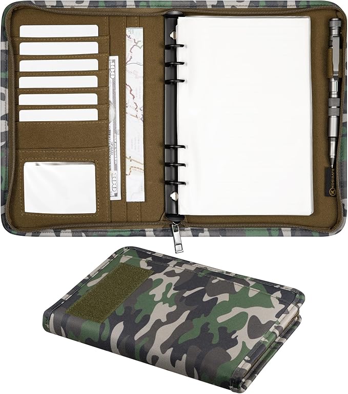 Kosibate Padfolio Ring Binder with 80 Sheets 160 Pages of Loose-Leaf Paper, Weatherproof Notebook Cover, Tactical Notebook with Zippered for Folders,Refillable 6-Ring Notepad(Camouflage,7.3"x10.1")
