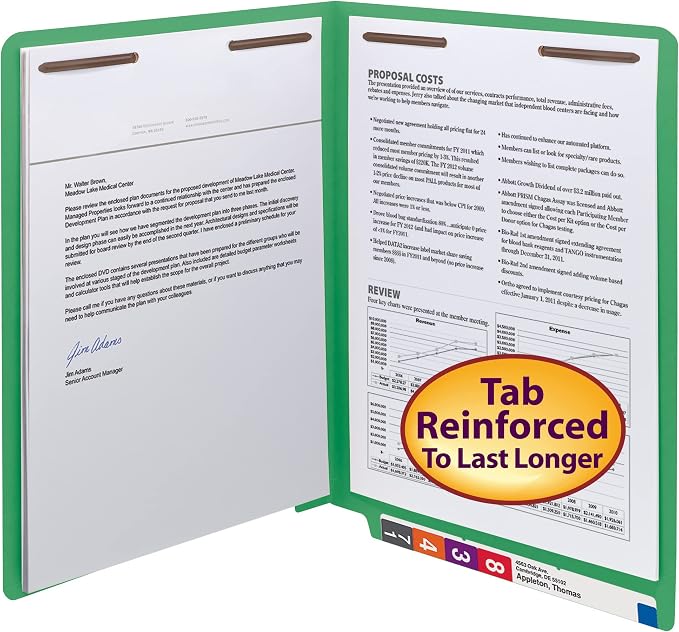 Smead End Tab Fastener File Folder, Shelf-Master® Reinforced Straight-Cut Tab, 2 Fasteners, Letter Size, Green, 50 per Box (25140)
