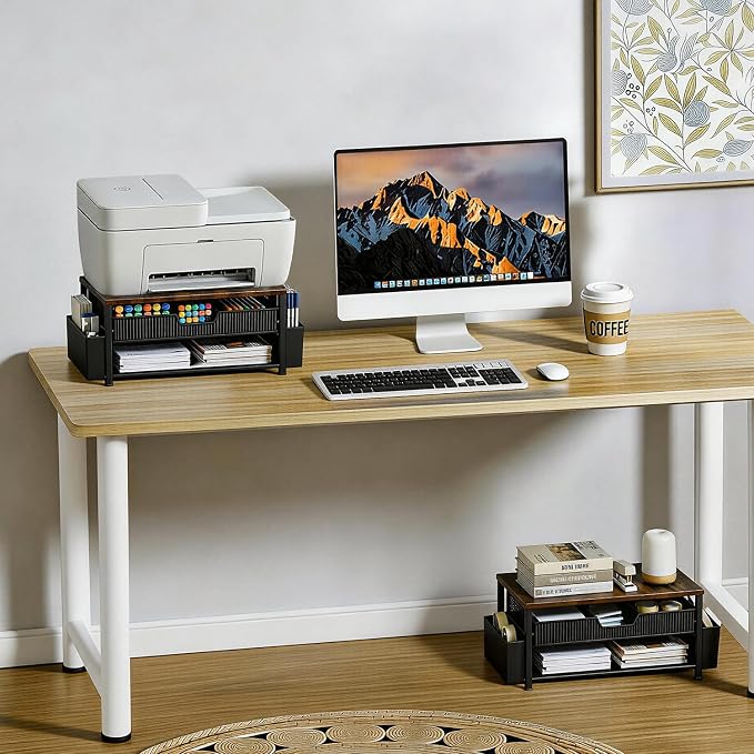 Printer Stand for Desk, Desk Organizer with Storage, Desktop Printer Table for Home Office, Multi-Purpose Shelves for Home Printer, Fax Machine, Scanner, Die-Cut Machine (Brown)