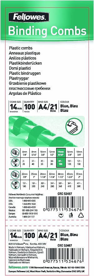Fellowes A4 14 mm Plastic Binding Combs for Comb Binding Machine, Binds 81 to 100 Pages, White, Pack of 100, 5346604