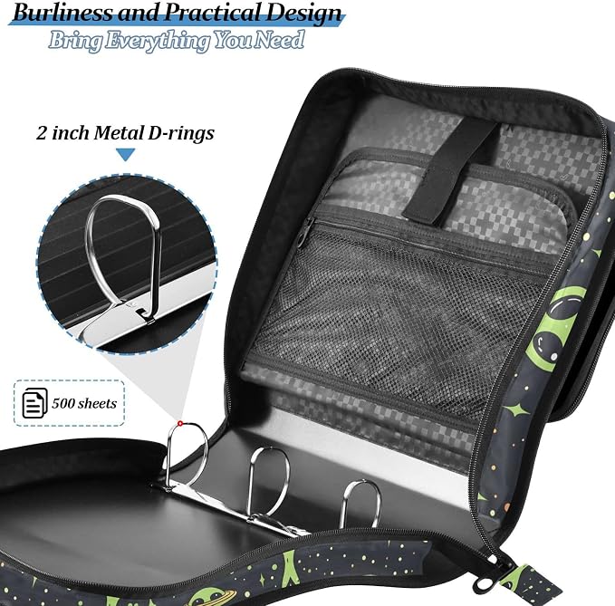 Custom Green Aliens Space 3 Ring Binder Bag 1.5 inch Personalized Name Binder Organizer 500 Sheet Documents Storage for School Office