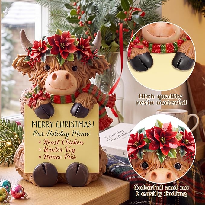 Thenshop Christmas Highland Cow Pop up Sticky Note Dispenser with 100 Sheet | Christmas Sticky Note Holder, Highland Cow Desk Accessories, Resin, Red Green Poinsettia, Back to School Classroom, 3 x 3inch