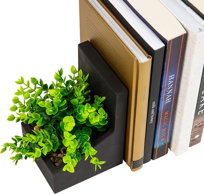 Mind Reader Contemporary Planter Bookends, Book Holders with Faux Greenery, Decorative Desktop or Shelf Organizer, Cement, Set of 2, Black