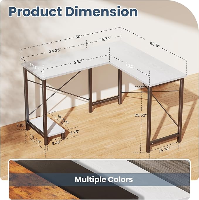 DUMOS 50-Inch Reversible L Shaped Desk with CPU Shelf, White | Computer Desk with Sturdy Metal Frame, Corner Gaming Desk, Home Office Desk for Study, Writing and Work, Sturdy Modern Design