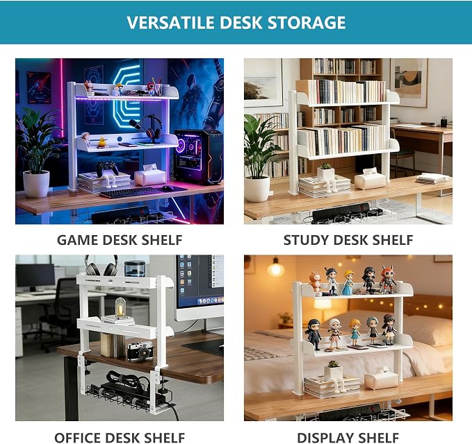 Clamp on Desk Shelf,3 Tier Desktop Organizer,Adjustable Clamp on Desk Top Organizer with Under Desk Hidden Storage Basket&Hooks,No Drilling Desk Clamp Storage Shelves for Working Gaming Accessories