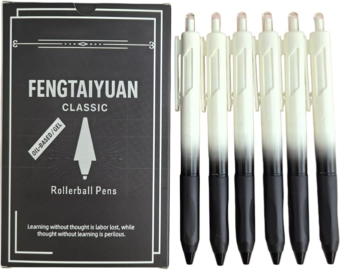 Fengtaiyuan Gel Pens, 0.5mm Fine Point Black Ink Pens, Triangular Grip with Non-Slip Silicone, Ergonomic Writing Pens for Journaling Note Taking, Smooth Writing, Gradient Barrel, 6 Pack