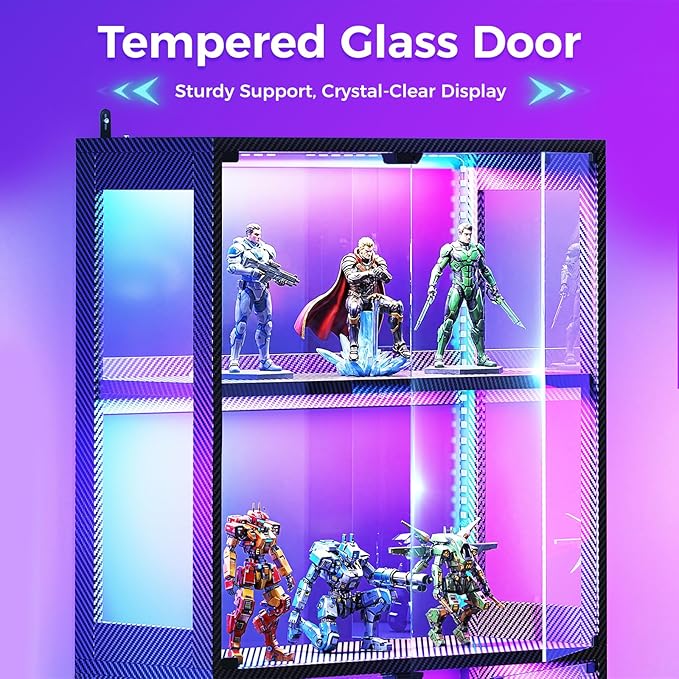 AODK Display Cabinet with RGB Lights, 4-Tier Display Case with Glass Doors | Glass Display Shelf for Collectibles and Storage, Black Curio Cabinet for Gaming Room, Living Room