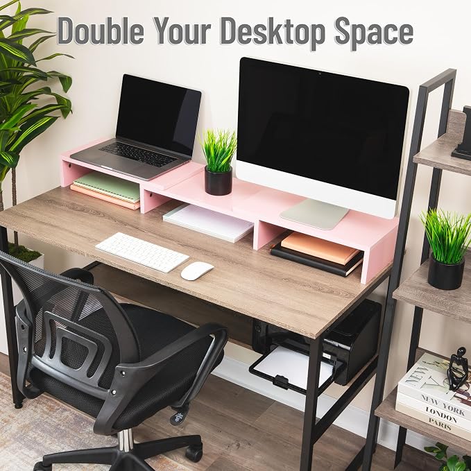 Mind Reader Dual Monitor Stand, Desktop Organizer, Laptop Riser, Office, MDF, 51.25"L x 9.25"W x 4.75"H, Pink