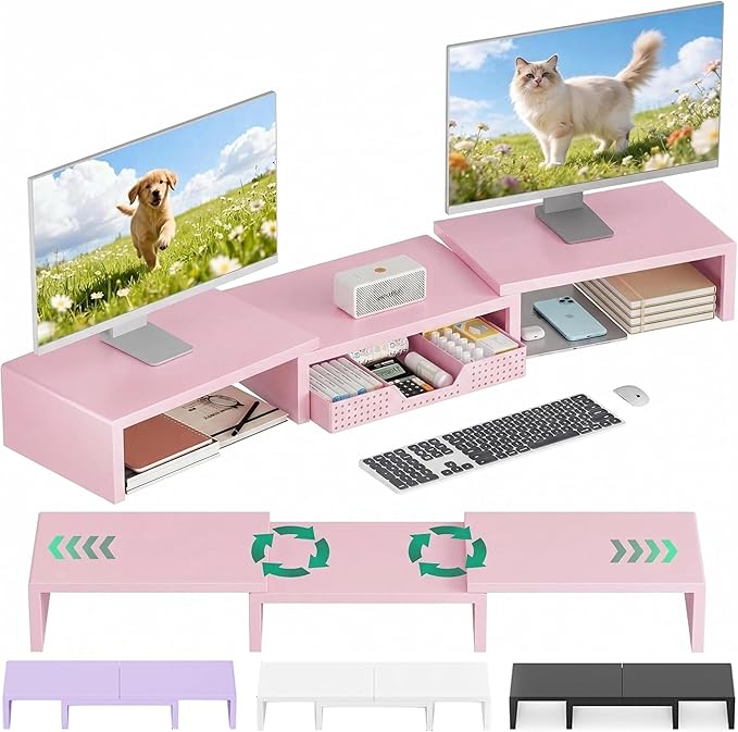 Dual Computer Monitor Stand Riser, Desk Organizer with Drawer, Office Desk Accessories & Workspace Organizers for Home Office Supplies, Pink