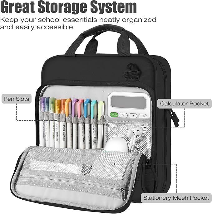 MoKo Zipper Binder, 2 Inch 3 O Ring, 5 Tab File Folders, 500 Sheets, Black | Water-repellent 900D Oxford with five file pockets, two mesh pockets, a handle and padded shoulder strap.