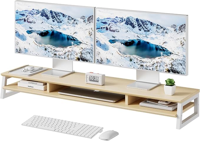 Dual Monitor Stand Riser for Desk, 41.7 Inch Large 2 Tier Computer Monitor Stand for 2 Monitors, Desktop Storage Organizer Shelf with Keyboard Space for Laptop PC Printer, Beige