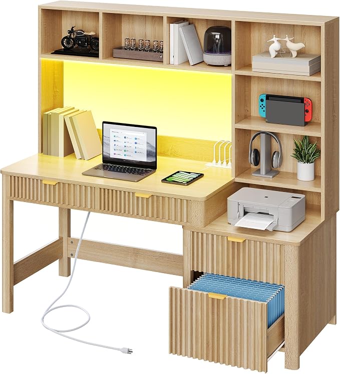 YITAHOME Computer Desk with Hutch and Drawers | 55" Office Desk with Storage Shelves Gaming Desk