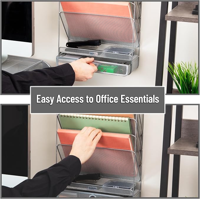 Mind Reader 4-Tier Vertical File Storage, Desktop Organizer, Wall Mount, Office, Metal Mesh, 12.5"L x 4"W x 16.5"H, Silver