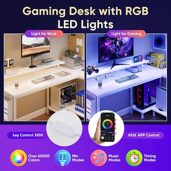 DUMOS L Shaped Gaming Desk, 48" Computer Desks with Storage Shelves | Coner Desk with USB Charging Ports, Power Outlets, LED Lights and Monitor Stand for Home Office, White