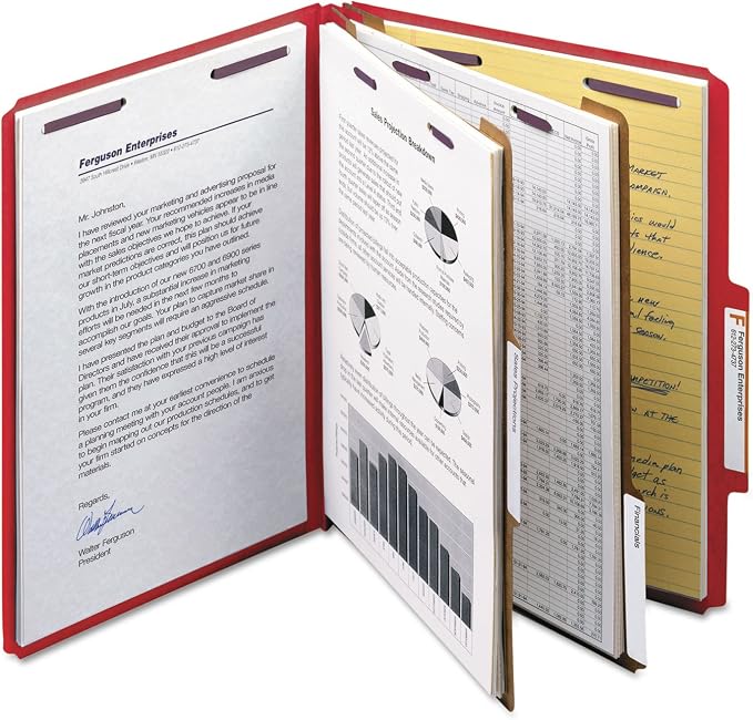 Smead Pressboard Classification File Folder with SafeSHIELD Fasteners, 2 Dividers, 2" Expansion, Letter Size, Bright Red, 10 per Box (14031)