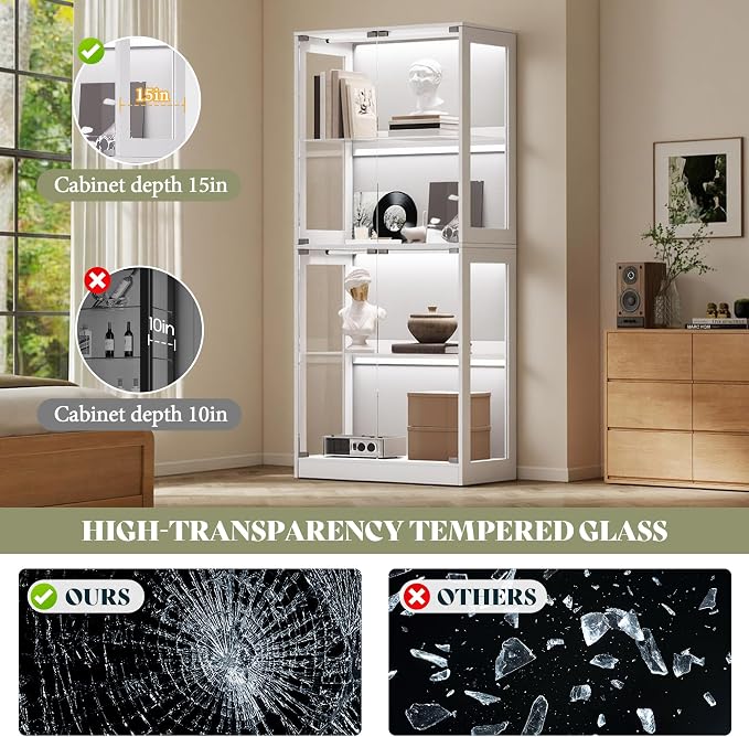 AMERLIFE 32-Inch RGB Display Cabinet with Glass Shelves | 70 H x 32 W x 16 D In, 4-Tier Storage, RGB LED Lights, Press-to-Open Doors, for Collectibles, White