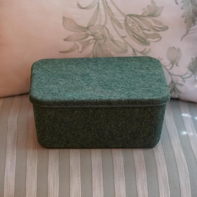 Felt deep Storage Bins lidded Drawer Organizer Caddy for junk stuff stationery makeup jewelry closet bathroom minimalist lifestyle (Forest Green Lid, S)