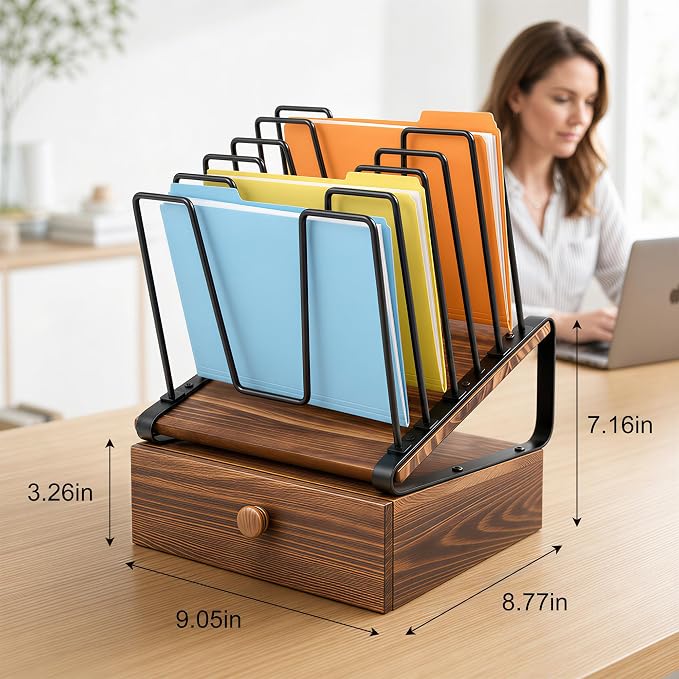 5-Section Wooden Inclined Desktop File Organizer with Storage Drawer | Metal Inclined Desk File Holder,Multifunctional Folder Organizer for Office Home School Classroom Workspace