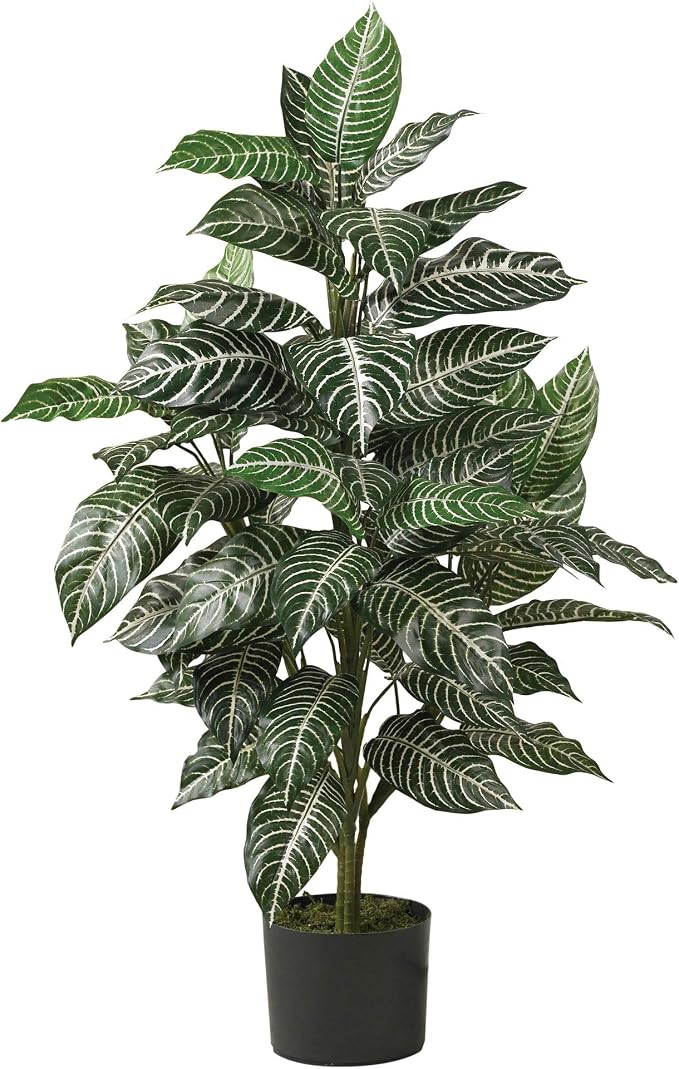 Nearly Natural 3 ft Zebra Artificial Plant with Striped Leaves and Pot | Lifelike White Pin-Striped Leaves, Maintenance-Free, Sturdy Nursery Pot, Office or Sunroom Decor