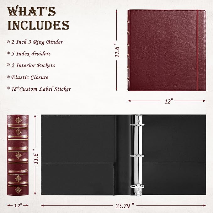 Ospelelf Vintage 3 Ring Binder 2 Inch,Leather D Ring Binder with Pockets and 5 Tab Dividers, Hardback Book Style Document Organizer Fits Letter Size for Home and Office Burgundy