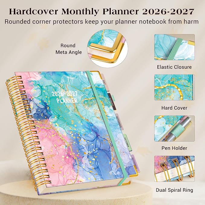 Academic Planner 2026-2027, 18 Months Weekly and Monthly Daily Planner from July 2026 - December 2027, 8.5" x 11" A4 Large Hardcover Agenda Organizer Book with Tabs, Spiral Yearly Calendar Planners for School Work Home, Pink Blue Marble