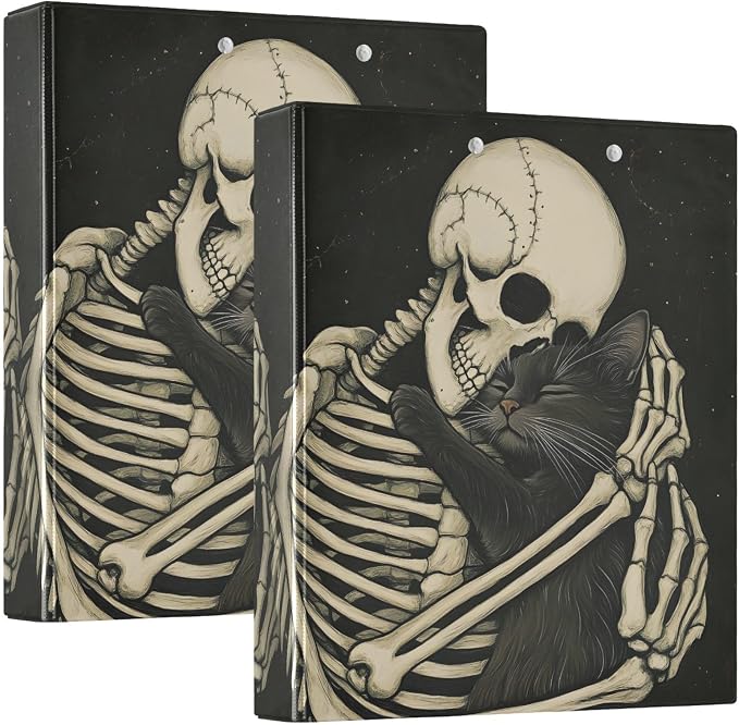 ALAZA 3 Ring Binder Skeleton Black Cat Kitten Clipboard Round Ring Binder Holds 1.5 Inch Three Binders Heavy Duty Binders for Office Supplies, 1Pack