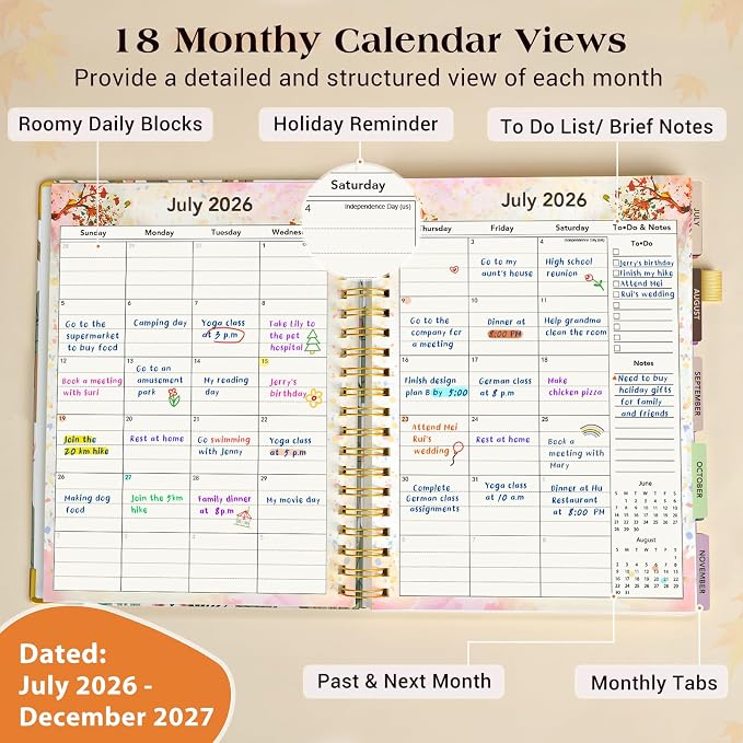 Academic Planner 2026-2027, 18 Months Weekly and Monthly Daily Planner from July 2026 - December 2027, 8.5" x 11" A4 Large Hardcover Agenda Organizer Book with Tabs, Spiral Yearly Calendar Planners for School Work Home, Colorful Botanicals
