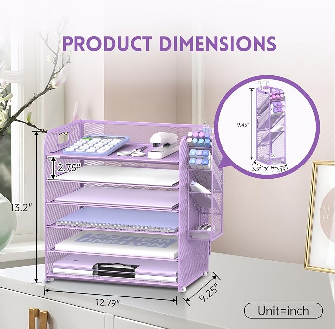 6 Tier Desk Organizer with 4 Pen Holders & Mesh Paper Trays Purple | 6 Tiers Paper Organizer, File Organizer Letter Tray with Handle for A4 Files, Folders, Mail and Office Supplies