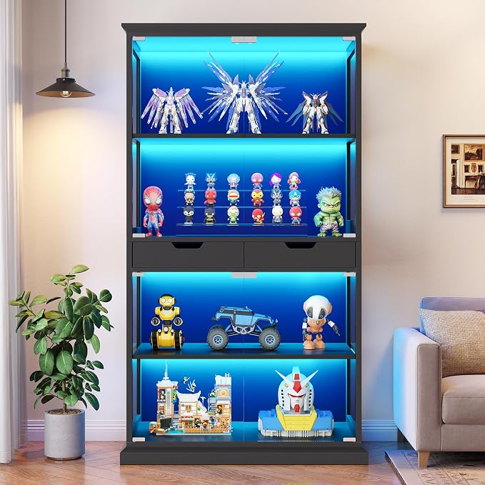 Jocoevol Display Cabinet with Glass Doors, 4-Tier Curio Cabinet with with 2 Drawers for Collectibles, Modern Glass Display Case Human Body Sensor & RGB Lights for Living/Game Room