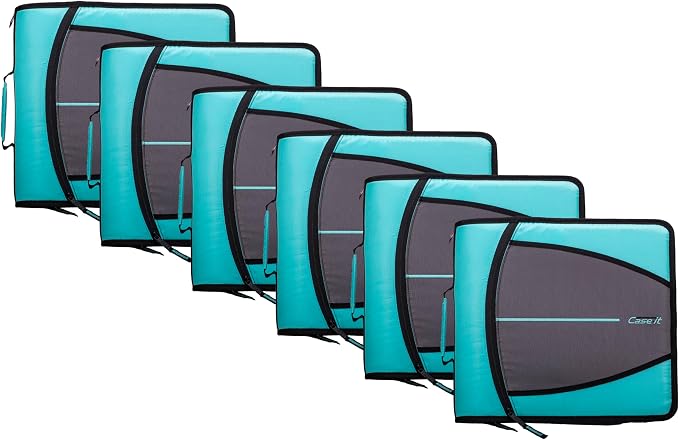 Case-it School Zipper Binder | 3-Inch O-Rings | 600-Sheet | D-146 Spearmint | Mighty Zip Tab, 5-Color Tab Expanding File Folder, Multiple Pockets, Shoulder Strap, 6-Pack, Office