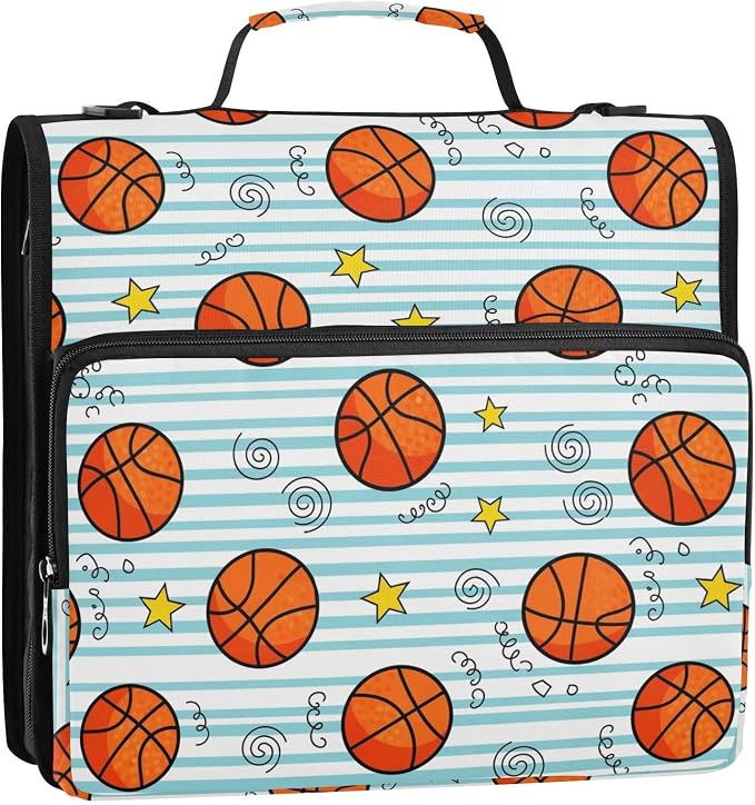 Basketball Stars Print Zipper Binder Bag 3 Ring with Shoulder Strap & Handle Multi Pocket Binder Organizer Bag Large Capacity for School Office Supplies