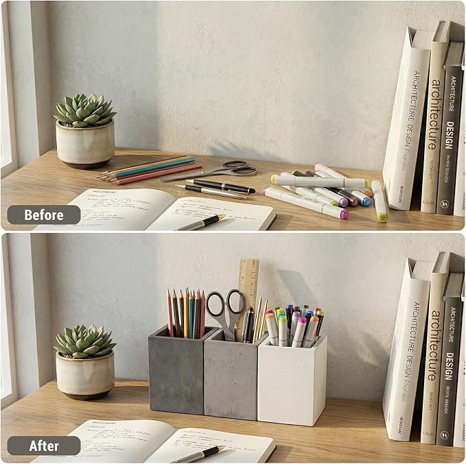MyGift Pen Holder Pencil Holder For Desk,Pen Cup Holder For Desk,Concrete Desktop Pencil Cup,Modern Gray-Tone,Set of 3 | Functional Minimalist Pen Holder, Stylish desktop organizer keep writing essentials neatly arranged for Home and Office Desks