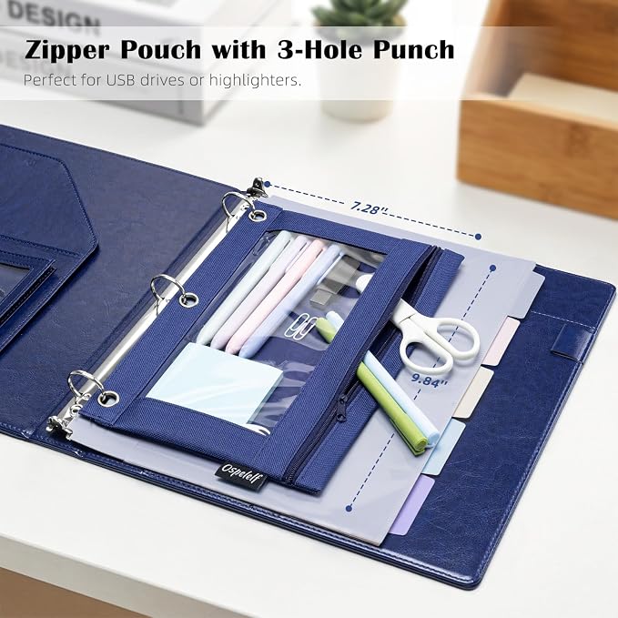 Ospelelf 3 Ring Clipboard Binder with Storage Pouch, 1 Inch Round Ring, Leather Magnetic Clipboard Folder with Notepad (11" x 8.5"), 5 Dividers with 10 Pockets, School Office Binder, Navy Blue